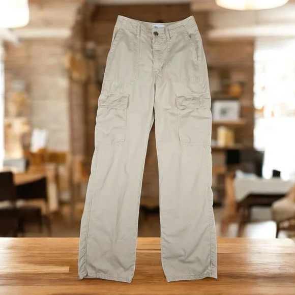 Zara Cream Tan Beige Cargo Jeans Pants size 4 - Picture 1 of 3